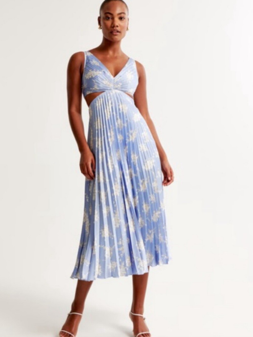 Abercrombie & Fitch Sky Blue Floral Pleated Cutout Midi Dress